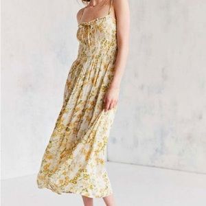 Kimchi Blue Gauzy Smocked Spaghetti Strap Floral Yellow Midi Dress